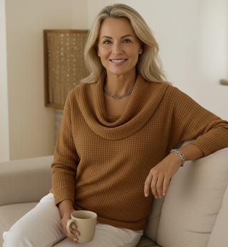 Marina – Teplé pletené tričko s wafl textúrou a elegantným drapírovaným golierom