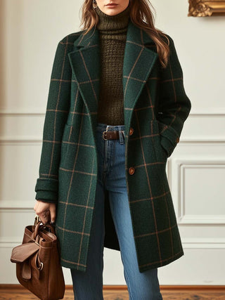 Athena - Elegantný Vlněný Kabát v Zelenom Károvanom Vzore
