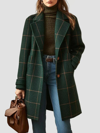 Athena - Elegantný Vlněný Kabát v Zelenom Károvanom Vzore